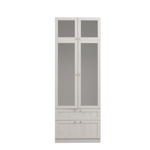FAMAPY  2-Door Wardrobe With Frosted Glass, 2 Drawers & Top Cabinet Handles, Modular Closet System, ( 31.5”W X 19.9”D X 86.6”H), Wood Finish In Gold