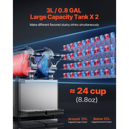 VEVOR 3Lx2 Commercial Slushy Machine, Double Tank Drink Machine, 24 Cups Stainless Steel Margarita Smoothie Frozen Drink Maker, Slushie Maker for