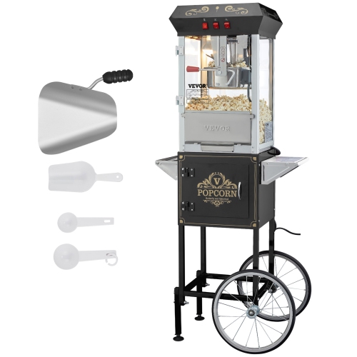 VEVOR 850W Popcorn Popper Machinewith Cart, 8 Oz Kettle Makes 48 Cups per Batch, Popcorn Maker Equipped with Tempered Glass, Includes 4 Scoops, Movie