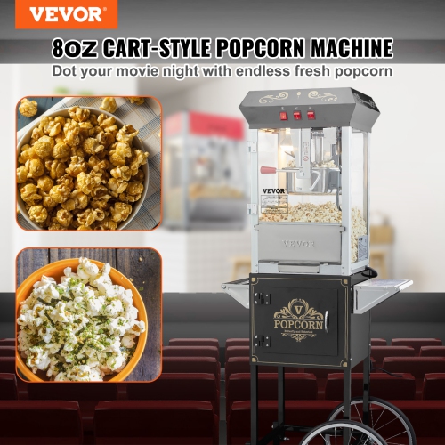 VEVOR 850W Popcorn Popper Machinewith Cart, 8 Oz Kettle Makes 48 Cups per Batch, Popcorn Maker Equipped with Tempered Glass, Includes 4 Scoops, Movie