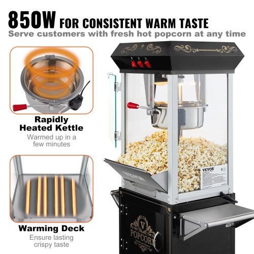 VEVOR 850W Popcorn Popper Machinewith Cart, 8 Oz Kettle Makes 48 Cups per Batch, Popcorn Maker Equipped with Tempered Glass, Includes 4 Scoops, Movie