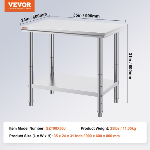 VEVOR 35 x 24 x 31 Inch Stainless Steel Prep Table, 700 lbs Load Capacity, Heavy Duty Metal Worktable with 3 Adjustable Height Levels, Commercial