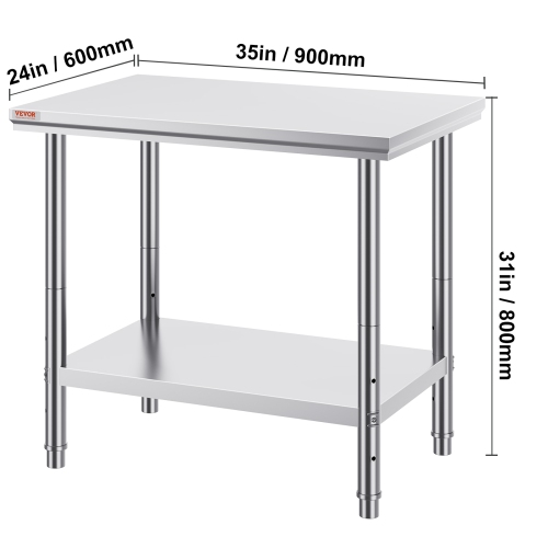 VEVOR 35 x 24 x 31 Inch Stainless Steel Prep Table, 700 lbs Load Capacity, Heavy Duty Metal Worktable with 3 Adjustable Height Levels, Commercial