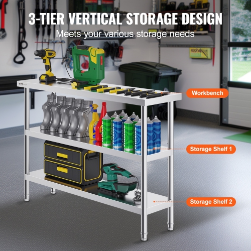 VEVOR 14 x 48 x 34 Inch Stainless Steel Food Prep Table, Commercial Kitchen Worktable, with 2 Adjustable Undershelf, Heavy Duty Prep Table Metal Work