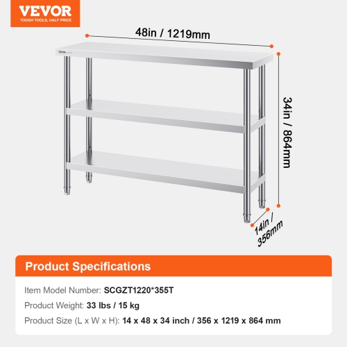 VEVOR 14 x 48 x 34 Inch Stainless Steel Food Prep Table, Commercial Kitchen Worktable, with 2 Adjustable Undershelf, Heavy Duty Prep Table Metal Work