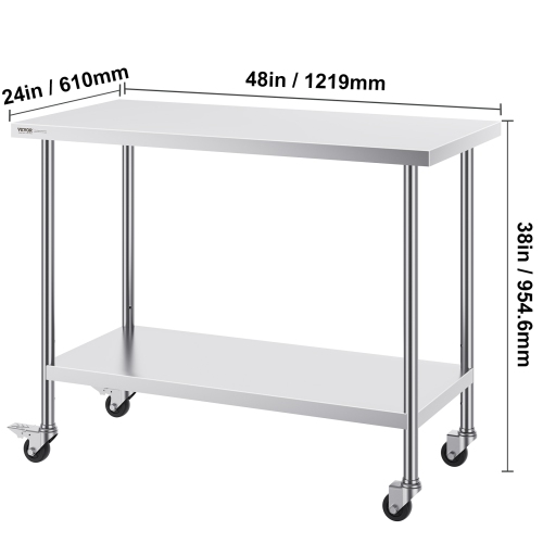 Table de travail en acier inoxydable VEVOR de 24 x 48 x 38&nbsp;po avec 4 roulettes, 3 hauteurs réglables, table de préparation des aliments robuste