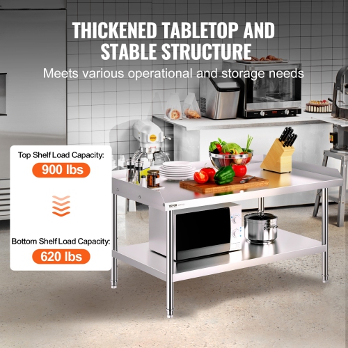 VEVOR 30 x 48 x 26 Inch Stainless Steel Work Table, Commercial Food Prep Worktable, 3-Sided Backsplash Heavy Duty Prep Worktable, Metal Work Table