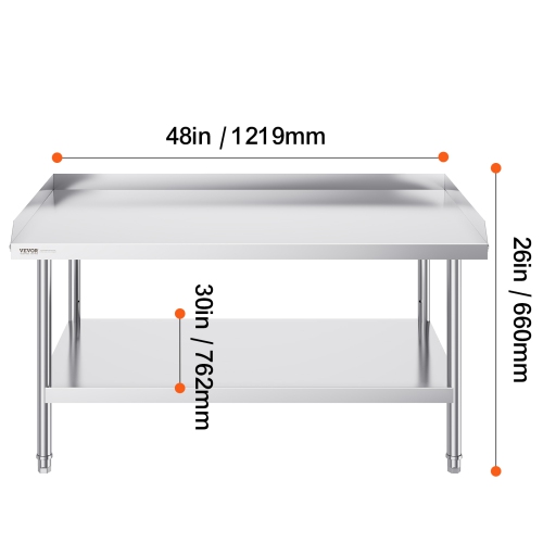 VEVOR 30 x 48 x 26 Inch Stainless Steel Work Table, Commercial Food Prep Worktable, 3-Sided Backsplash Heavy Duty Prep Worktable, Metal Work Table