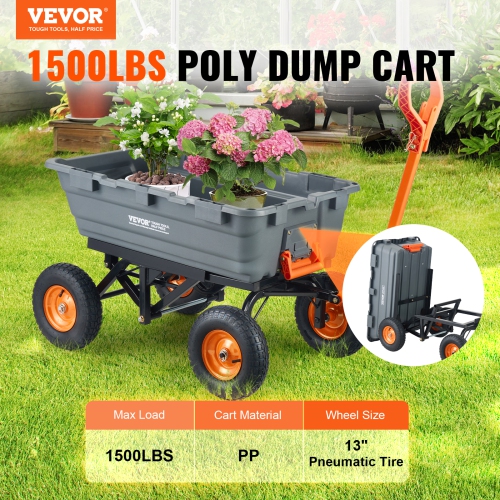 VEVOR Dump Cart, Poly Garden Dump Cart with Easy to Assemble Steel Frame, Dump Wagon with 2-in-1 Convertible Handle, Utility Wheelbarrow 1500 lbs