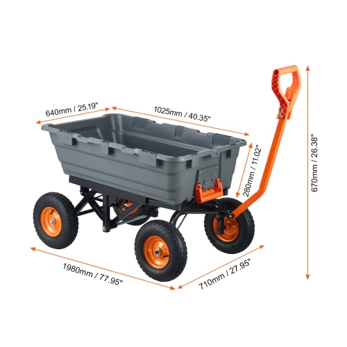 VEVOR Dump Cart, Poly Garden Dump Cart with Easy to Assemble Steel Frame, Dump Wagon with 2-in-1 Convertible Handle, Utility Wheelbarrow 1500 lbs