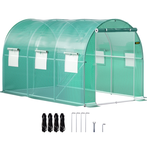 VEVOR 12 x 7 x 7 ft Walk-in Tunnel Greenhouse, Portable Plant Hot House with Galvanized Steel Hoops, 1 Top Beams, 2 Diagonal Poles, 1 Zippered Door &