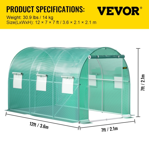 VEVOR 12 x 7 x 7 ft Walk-in Tunnel Greenhouse, Portable Plant Hot House with Galvanized Steel Hoops, 1 Top Beams, 2 Diagonal Poles, 1 Zippered Door &