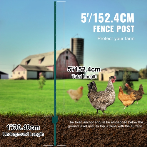 VEVOR 5 Feet Fence Post, 10 Pack U-Channel Heavy Duty Metal Fence Posts, Sturdy Steel Fence Stakes for Garden Yard, Lawn, Farms and Outdoor Wire