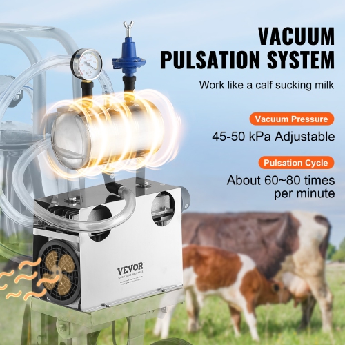 VEVOR 6.6 Gal/25 L Electric Cow Milking Machine, 304 Stainless Steel Bucket, Automatic Pulsation Vacuum Milker, with Food-grade Silicone Cups and