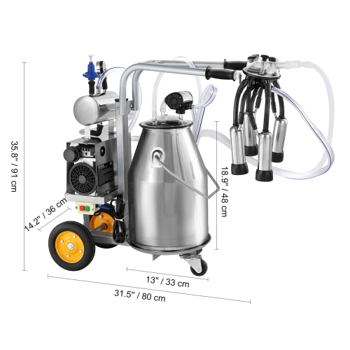 VEVOR 6.6 Gal/25 L Electric Cow Milking Machine, 304 Stainless Steel Bucket, Automatic Pulsation Vacuum Milker, with Food-grade Silicone Cups and