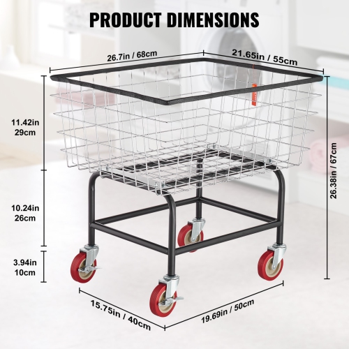 VEVOR 26.7''x21.7''x26.4'' Wire Laundry Cart, 2.8Bushel Wire Laundry Basket with Wheels, Commercial Wire Laundry Basket Cart, Steel Frame with Chrome