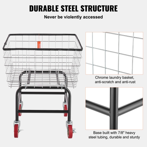 VEVOR 26.7''x21.7''x26.4'' Wire Laundry Cart, 2.8Bushel Wire Laundry Basket with Wheels, Commercial Wire Laundry Basket Cart, Steel Frame with Chrome
