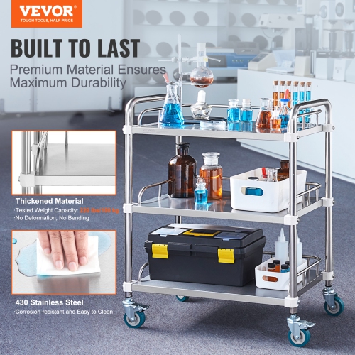 VEVOR 3-Shelf Lab Rolling Cart, Stainless Steel Rolling Cart, Lab Serving Cart with Swivel Casters, Dental Utility Cart for Clinic, Lab, Hospital,