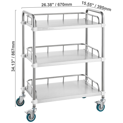 VEVOR 3-Shelf Lab Rolling Cart, Stainless Steel Rolling Cart, Lab Serving Cart with Swivel Casters, Dental Utility Cart for Clinic, Lab, Hospital,