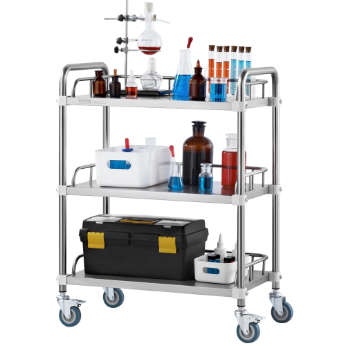 VEVOR 3-Shelf Lab Rolling Cart, Stainless Steel Rolling Cart, Lab Serving Cart with Swivel Casters, Dental Utility Cart for Clinic, Lab, Hospital,