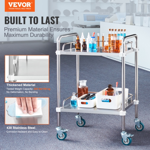 VEVOR 2-Shelf Lab Rolling Cart, Stainless Steel Rolling Cart, Lab Serving Cart with Swivel Casters, Dental Utility Cart for Clinic, Lab, Hospital,