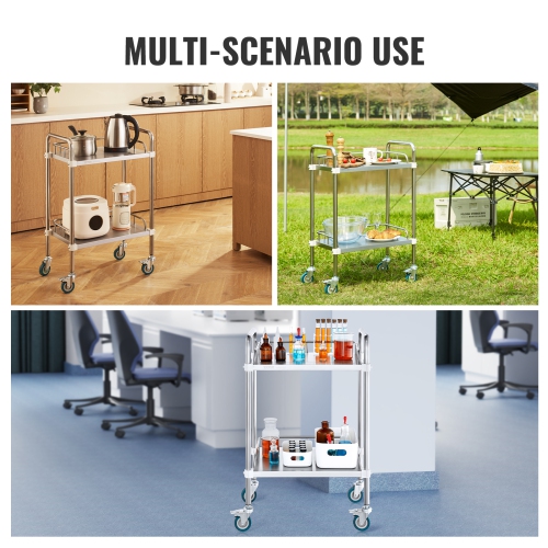 VEVOR 2-Shelf Lab Rolling Cart, Stainless Steel Rolling Cart, Lab Serving Cart with Swivel Casters, Dental Utility Cart for Clinic, Lab, Hospital,