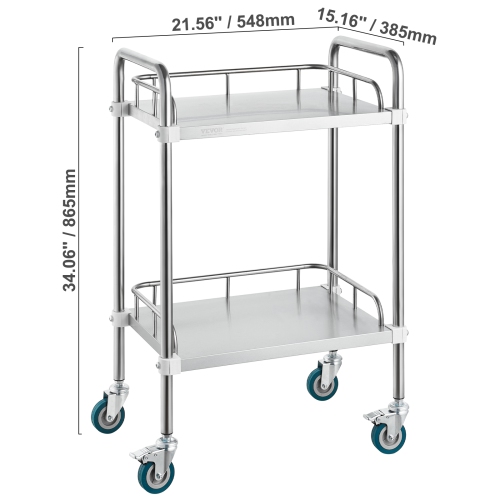 VEVOR 2-Shelf Lab Rolling Cart, Stainless Steel Rolling Cart, Lab Serving Cart with Swivel Casters, Dental Utility Cart for Clinic, Lab, Hospital,