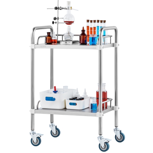 VEVOR 2-Shelf Lab Rolling Cart, Stainless Steel Rolling Cart, Lab Serving Cart with Swivel Casters, Dental Utility Cart for Clinic, Lab, Hospital,