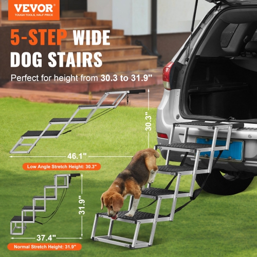 VEVOR 5-step Wide Dog Stair for Cars,Dog Car Steps,Folding Dog Car Ramp with Nonslip Surface,Portable Pet Steps Lightweight Aluminum for Car, SUV and