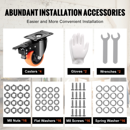 VEVOR 3-inch Caster Wheels, Swivel Plate Casters, Set of 4, with Security A/B Locking No Noise PVC Wheels, Heavy Duty 250 lbs Load Capacity Per