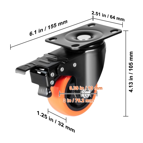 VEVOR 3-inch Caster Wheels, Swivel Plate Casters, Set of 4, with Security A/B Locking No Noise PVC Wheels, Heavy Duty 250 lbs Load Capacity Per