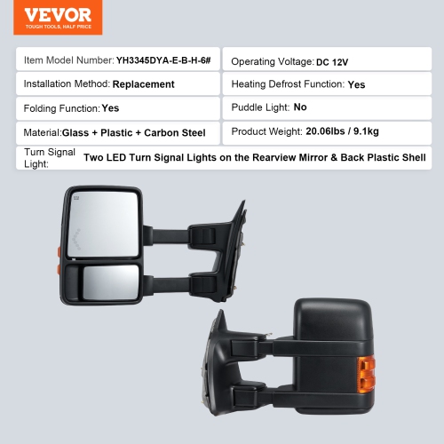 VEVOR Towing Mirrors, Left&Right Pair Set for 2008-2016 Ford F250 F350 F450 F550, Power Heated with Signal Light, Plane & Convex Glass, Telescoping