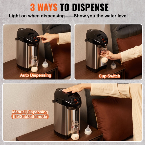 VEVOR 5L/169 oz Hot Water Dispenser, Adjustable 4 Temperatures Water Boiler and Warmer, 304 Stainless Steel Countertop Water Heater, 3-Way Dispense