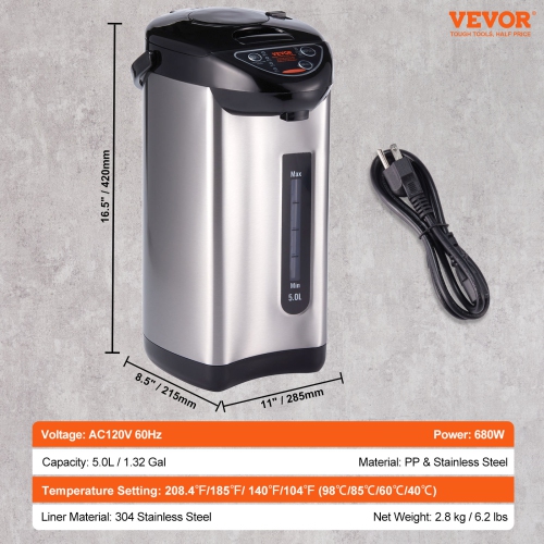 VEVOR 5L/169 oz Hot Water Dispenser, Adjustable 4 Temperatures Water Boiler and Warmer, 304 Stainless Steel Countertop Water Heater, 3-Way Dispense