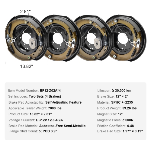 VEVOR 12" x 2" Electric Trailer Brake Assembly, 2 Pairs Self-Adjusting Electric Brakes Kit for 7000 lbs Axle, 5-Hole Mounting, for Braking System