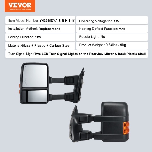 VEVOR Towing Mirrors, Left&Right Pair Set for 1999-2007 Ford F250 F350 F450 F550, Power Heated with Signal Light, Plane & Convex Glass, Telescoping