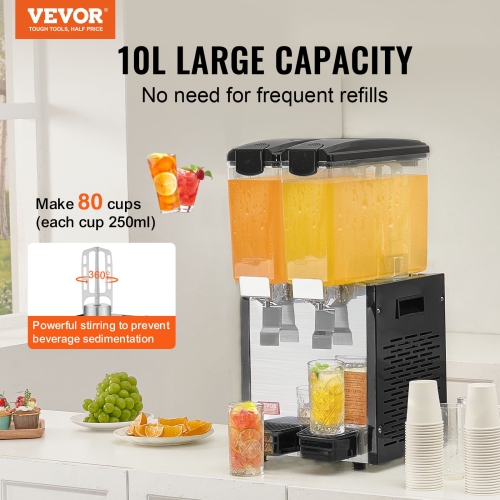 VEVOR 2 Tanks Commercial Beverage Dispenser, 10 L/10.6 QT Per Tank Juice Dispenser, 270W Stainless Steel Ice Tea Drink Machine with 45°F-54°F Cooling