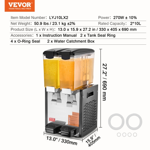 VEVOR 2 Tanks Commercial Beverage Dispenser, 10 L/10.6 QT Per Tank Juice Dispenser, 270W Stainless Steel Ice Tea Drink Machine with 45°F-54°F Cooling