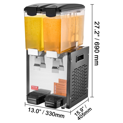 VEVOR 2 Tanks Commercial Beverage Dispenser, 10 L/10.6 QT Per Tank Juice Dispenser, 270W Stainless Steel Ice Tea Drink Machine with 45°F-54°F Cooling