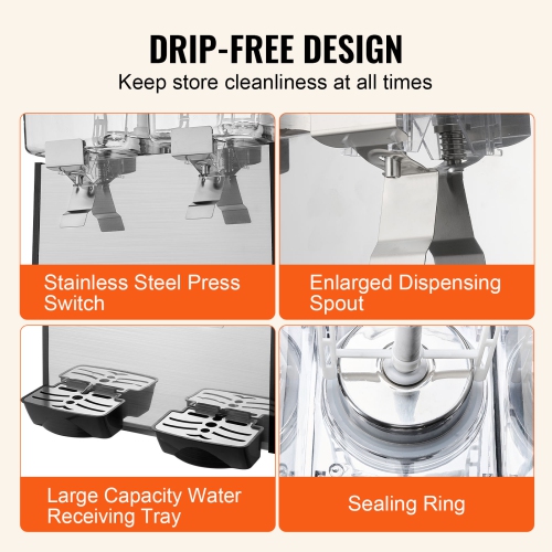 VEVOR 2 Tanks Commercial Beverage Dispenser, 18 L / 19 QT Per Tank Juice Dispenser, 370W Stainless Steel Ice Tea Drink Machine with 45°F-54°F Cooling