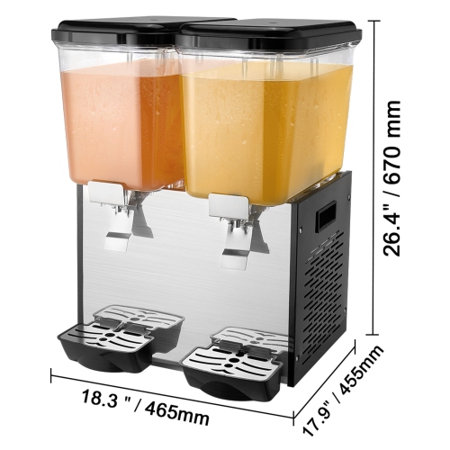 VEVOR 2 Tanks Commercial Beverage Dispenser, 18 L / 19 QT Per Tank Juice Dispenser, 370W Stainless Steel Ice Tea Drink Machine with 45°F-54°F Cooling