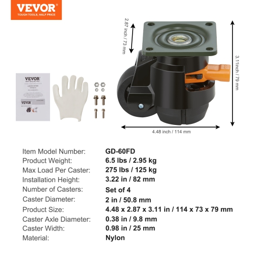 VEVOR Leveling Casters, Set of 4, 1100 lbs Total Load Capacity, 2 inches, Heavy Duty with Upgraded Handle Design, 360 Degree Swivel Caster Wheels,