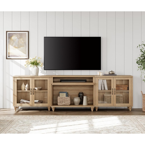 WAMPAT TV Stand for TVs up to 100'', Home Entertainment Center with 4 Glass Doors for 75/80/85/90 Inch TV, Large TV Console for Living Room, Bedroom,