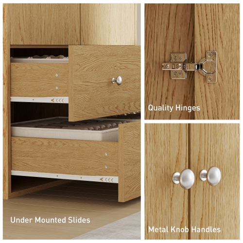 HOMCOM Modern Wardrobe Closet Armoire with 2 Drawers and Hanging Rod, Clothes Storage Organizer with Anti-tipping Design for Bedroom, Natural Wood