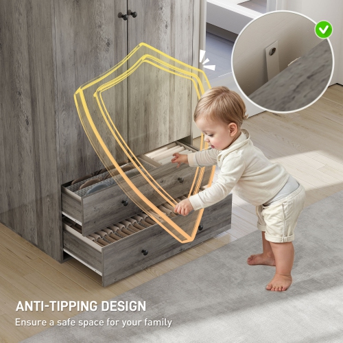 HOMCOM Modern Wardrobe Closet Armoire with 2 Drawers and Hanging Rod, Clothes Storage Organizer with Anti-tipping Design for Bedroom, Grey