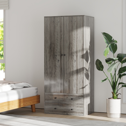 HOMCOM Modern Wardrobe Closet Armoire with 2 Drawers and Hanging Rod, Clothes Storage Organizer with Anti-tipping Design for Bedroom, Grey