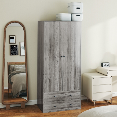 HOMCOM Modern Wardrobe Closet Armoire with 2 Drawers and Hanging Rod, Clothes Storage Organizer with Anti-tipping Design for Bedroom, Grey