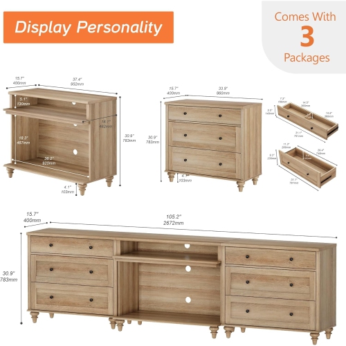 WAMPAT TV Stand for TVs up to 100'', Home Entertainment Center with 6 Drawers for 75/80/85/90 Inch TV, Large TV Console for Living Room, Bedroom, Oak