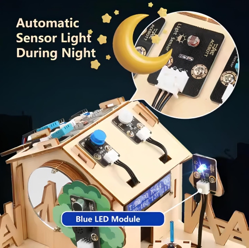 ACEBOTT QE001 ESP32 Smart Home IoT Starter Kit w/Arduino/ACECode(Scratch) - Plus, Electronics Home Automation Coding Kit, DIY Wooden House Building