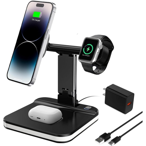 15W magnetic wireless charger, three-in-one wireless charger, foldable wireless charger, mobile phone holder fast charging, compatible with iPhone,